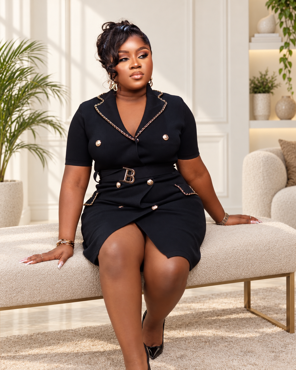 Bintou Daffé, assise en tenue noire sur un banc.